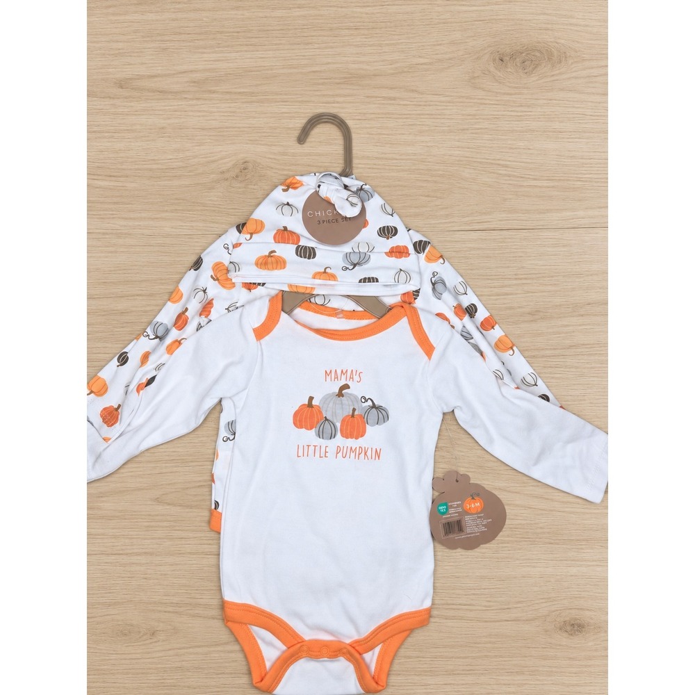 Chick Pea Baby 3 Piece Pumpkin Bodysuit Set Orange White Fall Thanksgiving 3-6M